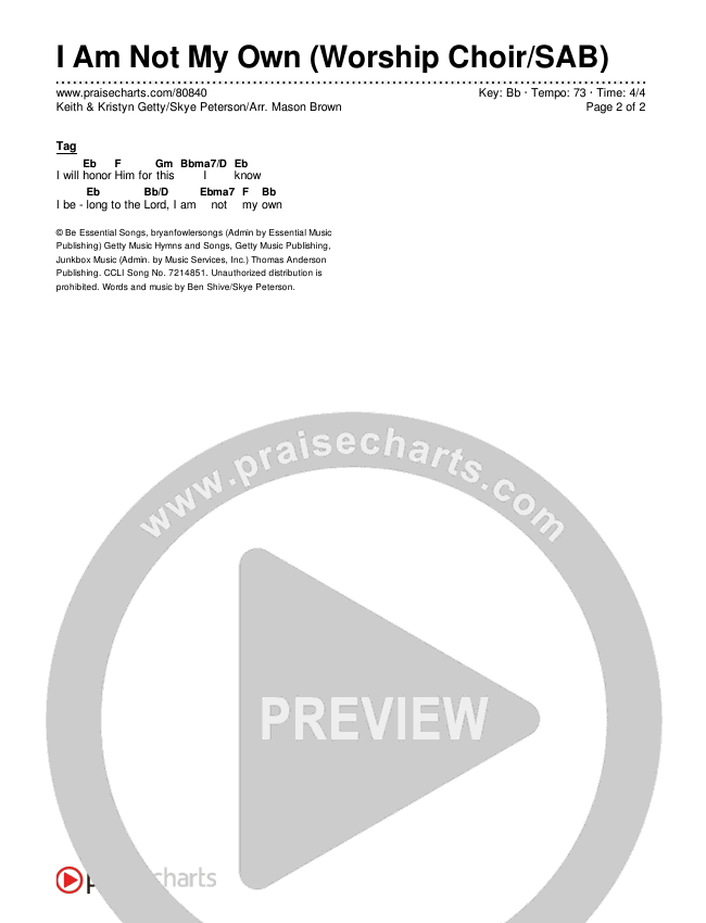 I Am Not My Own (Worship Choir/SAB) Chords & Lyrics (Keith & Kristyn Getty / Skye Peterson / Arr. Mason Brown)