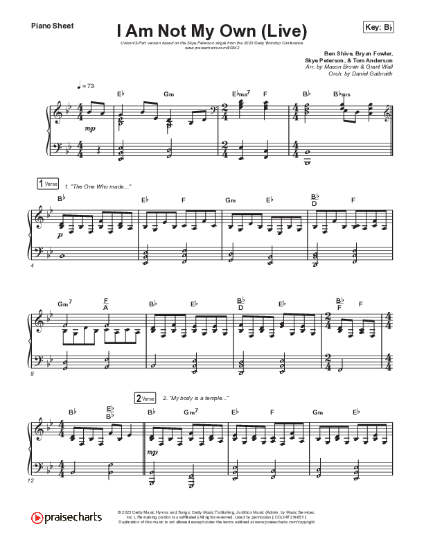 I Am Not My Own (Unison/2-Part) Piano Sheet (Keith & Kristyn Getty / Skye Peterson / Arr. Mason Brown)