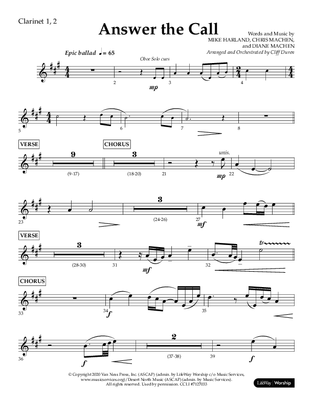 Answer The Call (Choral Anthem SATB) Clarinet 1/2 (Lifeway Choral / Arr. Cliff Duren)