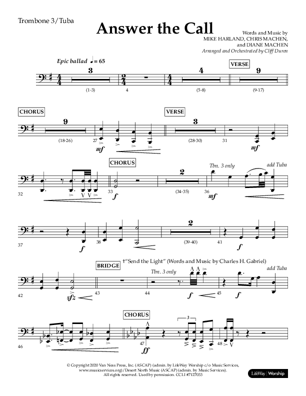 Answer The Call (Choral Anthem SATB) Trombone 3/Tuba (Lifeway Choral / Arr. Cliff Duren)