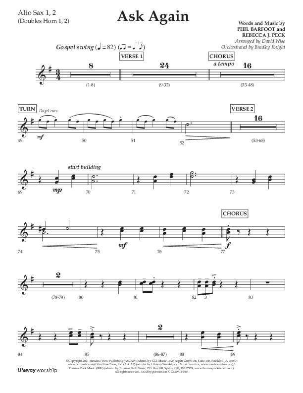 Ask Again (Choral Anthem SATB) Alto Sax 1/2 (Lifeway Choral / Arr. David Wise / Orch. Bradley Knight)