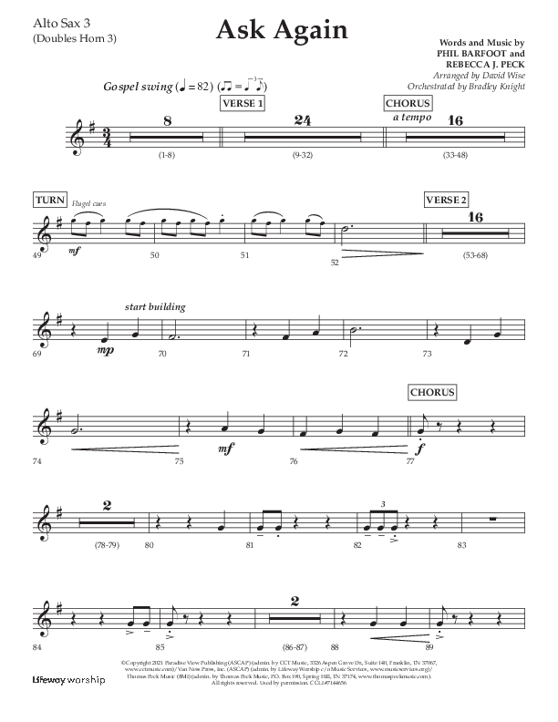 Ask Again (Choral Anthem SATB) Alto Sax (Lifeway Choral / Arr. David Wise / Orch. Bradley Knight)