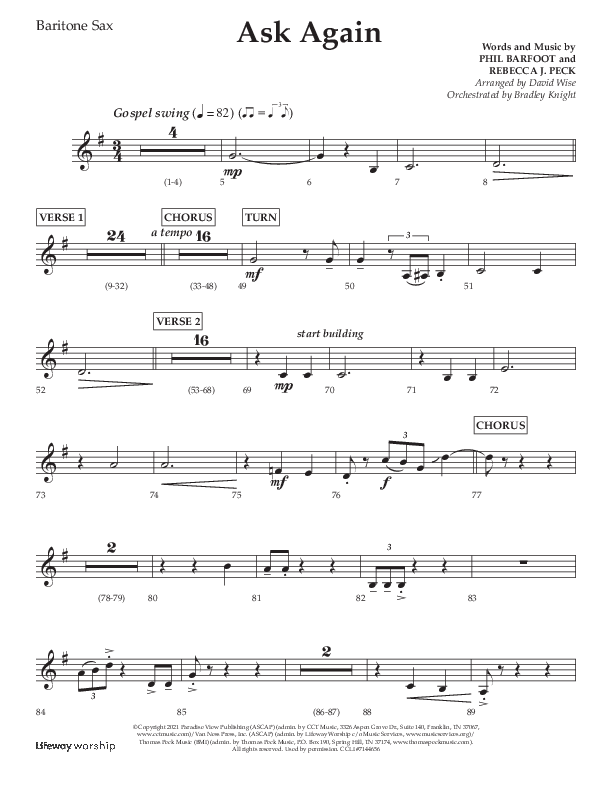 Ask Again (Choral Anthem SATB) Bari Sax (Lifeway Choral / Arr. David Wise / Orch. Bradley Knight)