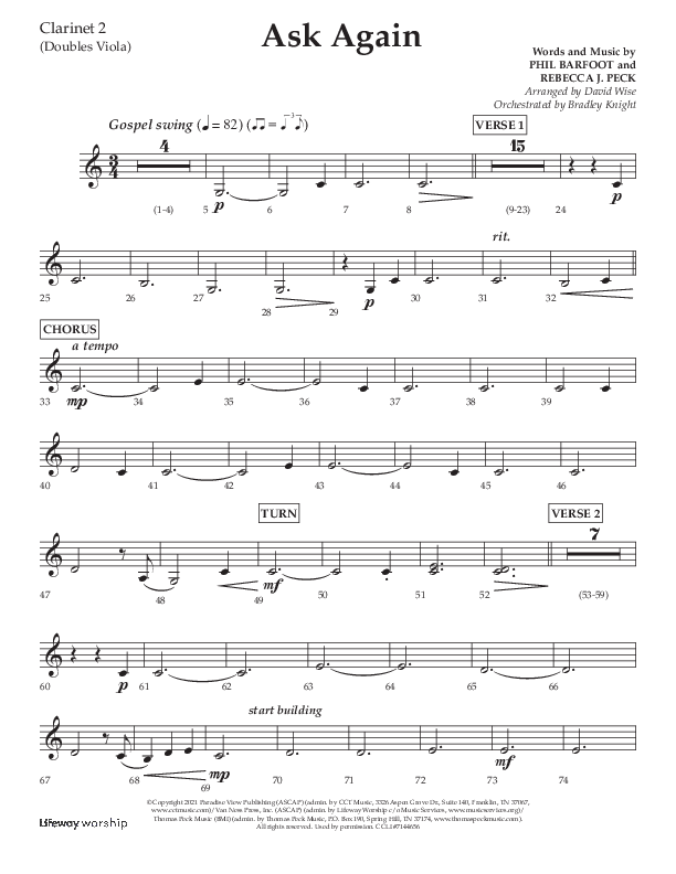 Ask Again (Choral Anthem SATB) Clarinet 1/2 (Lifeway Choral / Arr. David Wise / Orch. Bradley Knight)