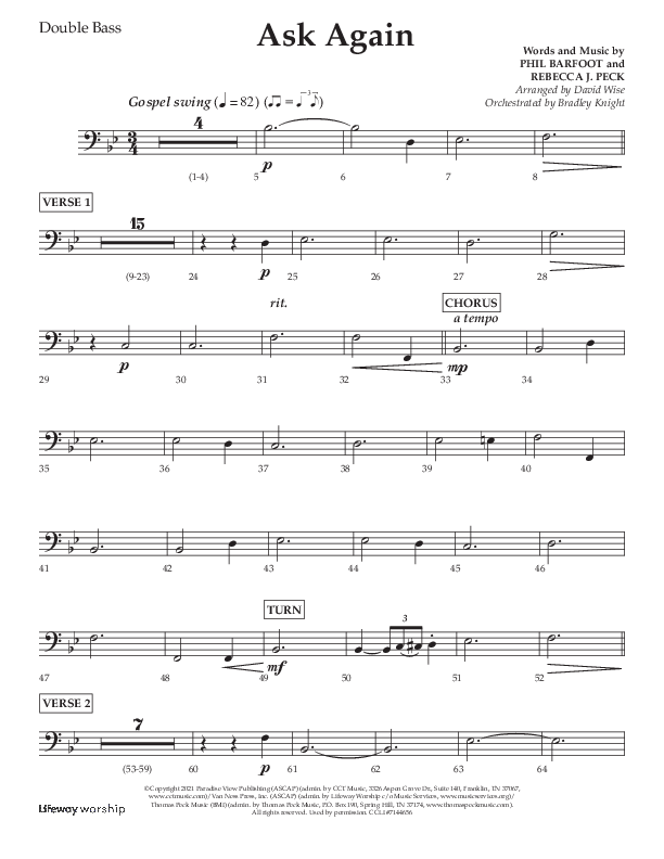 Ask Again (Choral Anthem SATB) Double Bass (Lifeway Choral / Arr. David Wise / Orch. Bradley Knight)