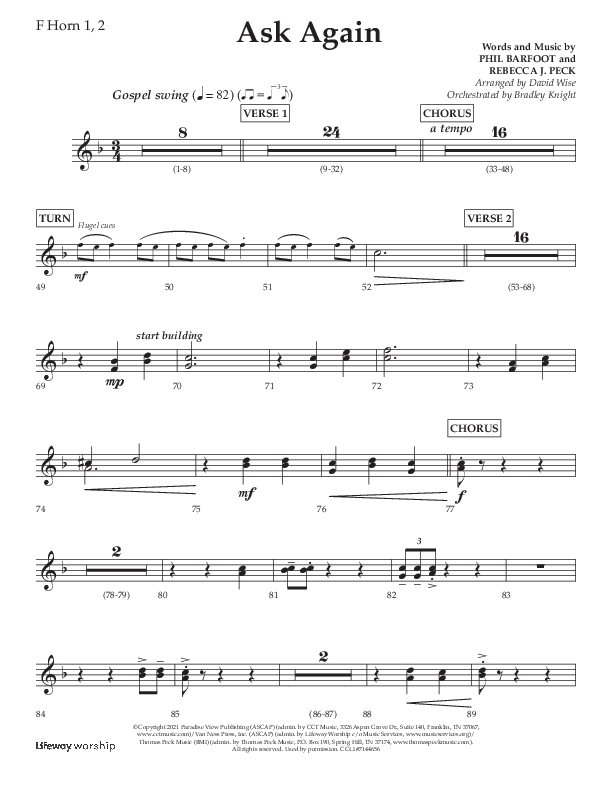 Ask Again (Choral Anthem SATB) French Horn 1/2 (Lifeway Choral / Arr. David Wise / Orch. Bradley Knight)
