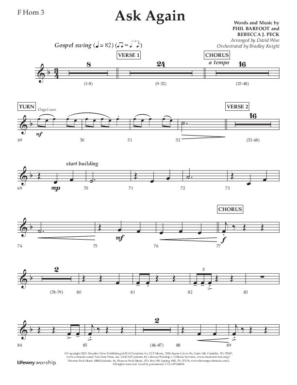 Ask Again (Choral Anthem SATB) French Horn 3 (Lifeway Choral / Arr. David Wise / Orch. Bradley Knight)