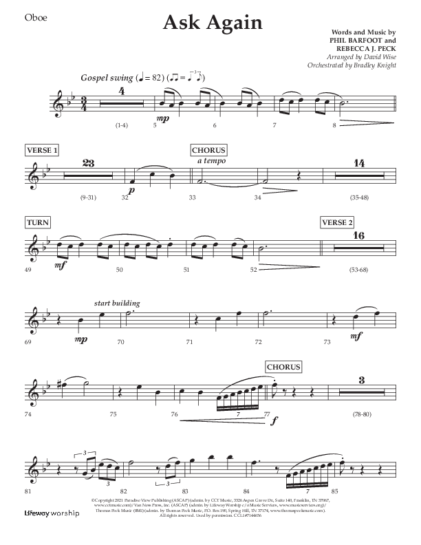 Ask Again (Choral Anthem SATB) Oboe (Lifeway Choral / Arr. David Wise / Orch. Bradley Knight)