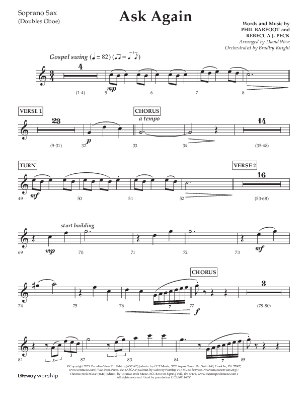 Ask Again (Choral Anthem SATB) Soprano Sax (Lifeway Choral / Arr. David Wise / Orch. Bradley Knight)
