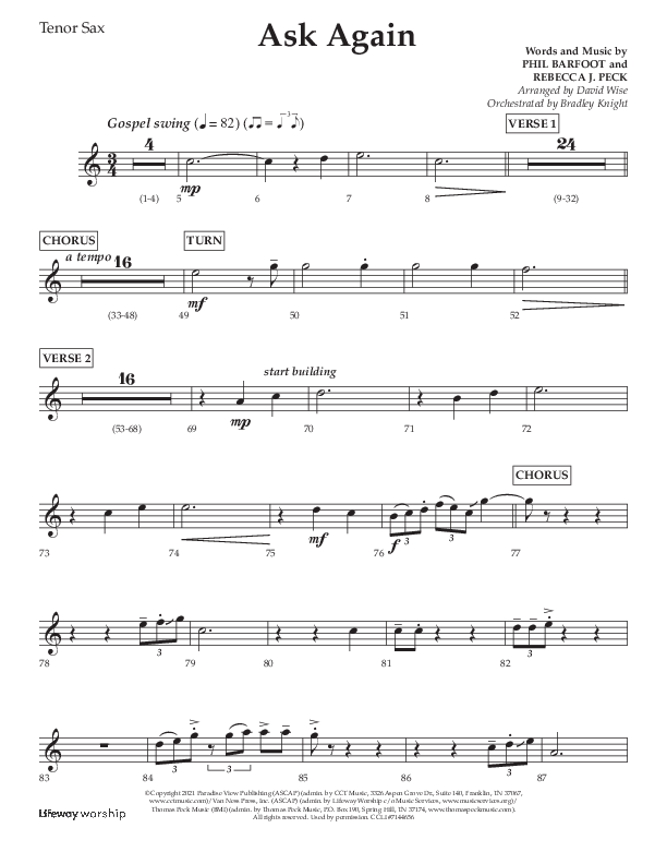 Ask Again (Choral Anthem SATB) Tenor Sax 1 (Lifeway Choral / Arr. David Wise / Orch. Bradley Knight)