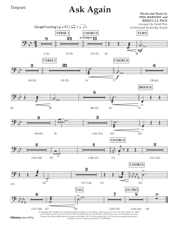 Ask Again (Choral Anthem SATB) Timpani (Lifeway Choral / Arr. David Wise / Orch. Bradley Knight)