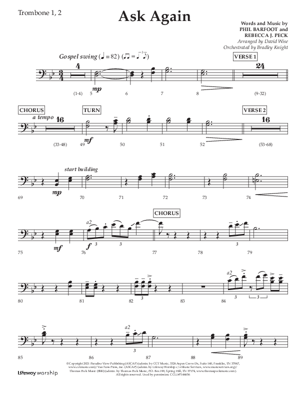 Ask Again (Choral Anthem SATB) Trombone 1/2 (Lifeway Choral / Arr. David Wise / Orch. Bradley Knight)