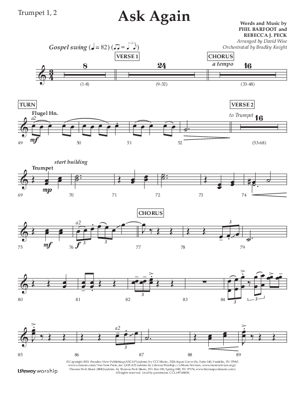 Ask Again (Choral Anthem SATB) Trumpet 1,2 (Lifeway Choral / Arr. David Wise / Orch. Bradley Knight)