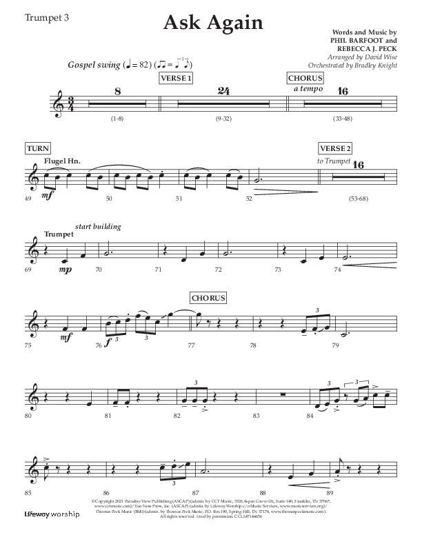 Ask Again (Choral Anthem SATB) Trumpet 3 (Lifeway Choral / Arr. David Wise / Orch. Bradley Knight)