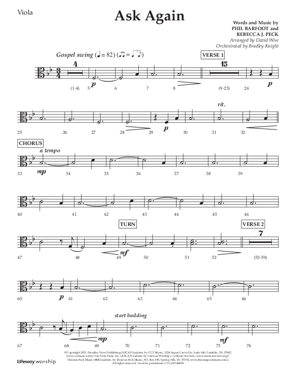 Ask Again (Choral Anthem SATB) Viola (Lifeway Choral / Arr. David Wise / Orch. Bradley Knight)