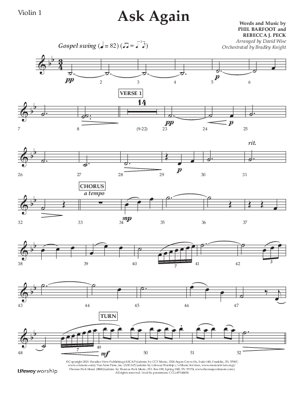Ask Again (Choral Anthem SATB) Violin 1 (Lifeway Choral / Arr. David Wise / Orch. Bradley Knight)