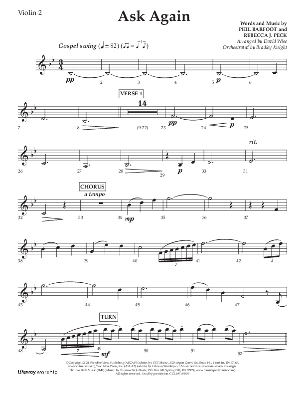 Ask Again (Choral Anthem SATB) Violin 2 (Lifeway Choral / Arr. David Wise / Orch. Bradley Knight)