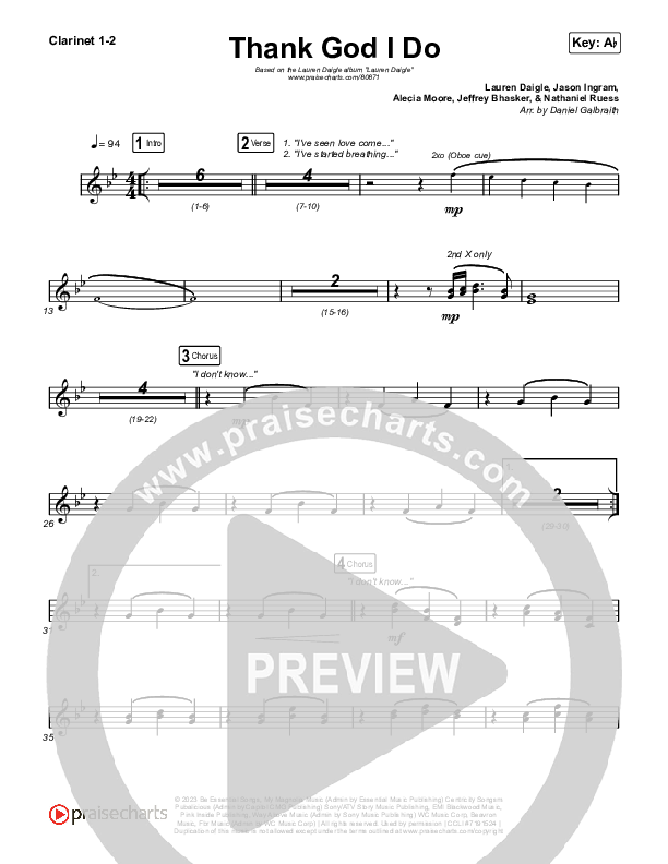 Thank God I Do Clarinet 1/2 (Lauren Daigle)