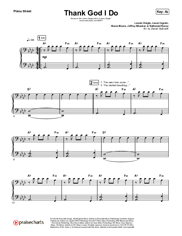 Thank God I Do Piano Sheet (Lauren Daigle)