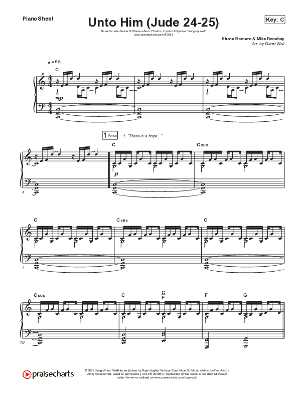 Unto Him (Jude 24-25) (Live) Piano Sheet (Shane & Shane)
