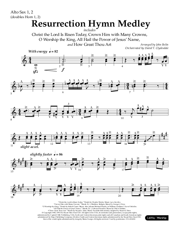 Resurrection Hymn Medley (Choral Anthem SATB) Alto Sax 1/2 (Lifeway Choral / Arr. John Bolin / Orch. David Clydesdale)