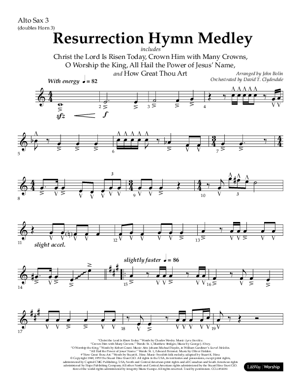 Resurrection Hymn Medley (Choral Anthem SATB) Alto Sax (Lifeway Choral / Arr. John Bolin / Orch. David Clydesdale)