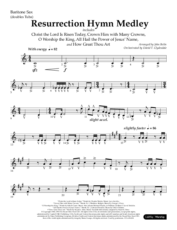 Resurrection Hymn Medley (Choral Anthem SATB) Bari Sax (Lifeway Choral / Arr. John Bolin / Orch. David Clydesdale)