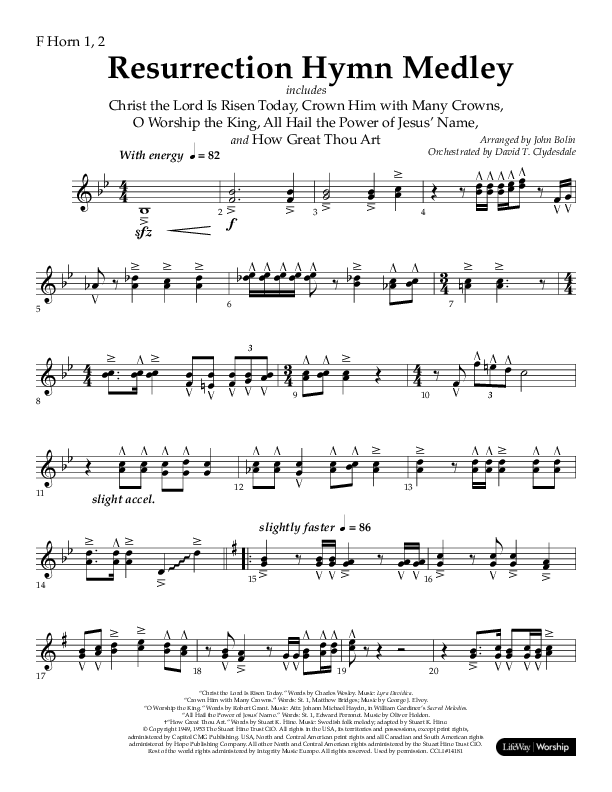 Resurrection Hymn Medley (Choral Anthem SATB) French Horn 1/2 (Lifeway Choral / Arr. John Bolin / Orch. David Clydesdale)