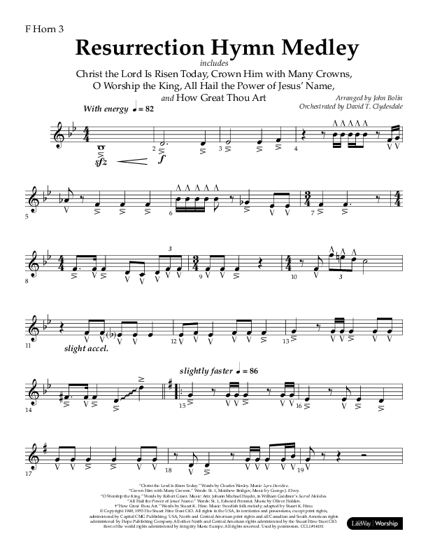 Resurrection Hymn Medley (Choral Anthem SATB) French Horn 3 (Lifeway Choral / Arr. John Bolin / Orch. David Clydesdale)