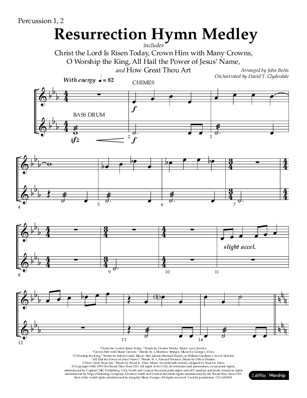 Resurrection Hymn Medley (Choral Anthem SATB) Percussion 1/2 (Lifeway Choral / Arr. John Bolin / Orch. David Clydesdale)