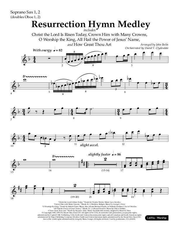 Resurrection Hymn Medley (Choral Anthem SATB) Soprano Sax (Lifeway Choral / Arr. John Bolin / Orch. David Clydesdale)