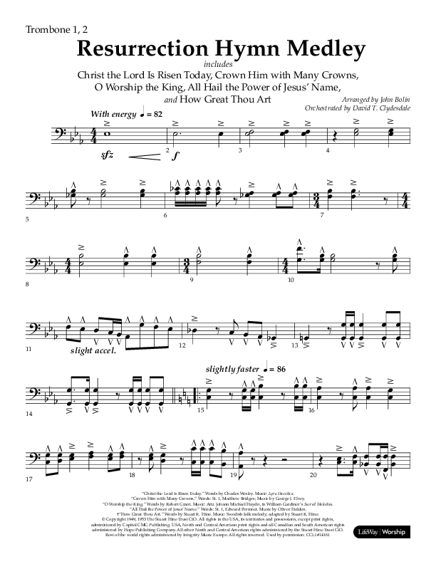 Resurrection Hymn Medley (Choral Anthem SATB) Trombone 1/2 (Lifeway Choral / Arr. John Bolin / Orch. David Clydesdale)