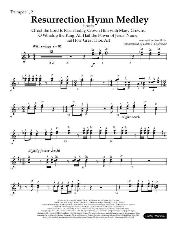 Resurrection Hymn Medley (Choral Anthem SATB) Trumpet 1,2 (Lifeway Choral / Arr. John Bolin / Orch. David Clydesdale)