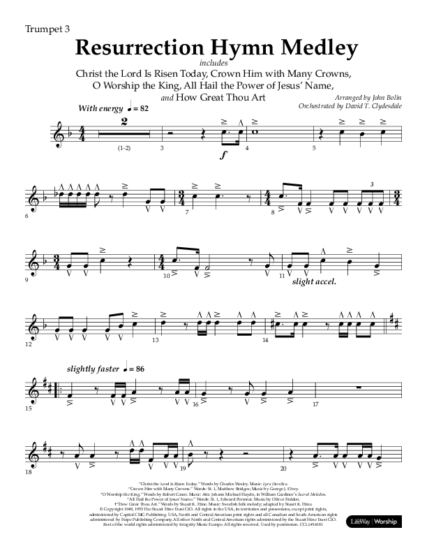 Resurrection Hymn Medley (Choral Anthem SATB) Trumpet 3 (Lifeway Choral / Arr. John Bolin / Orch. David Clydesdale)