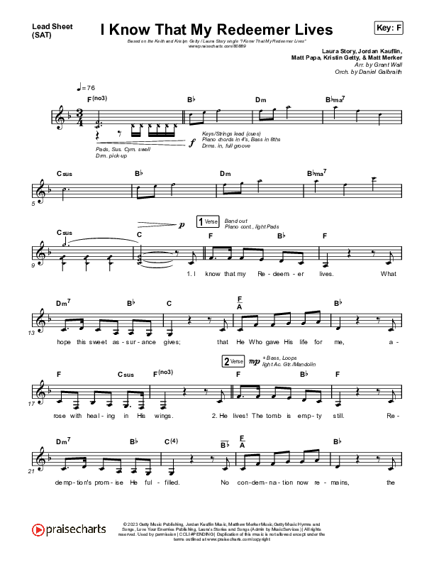 I Know That My Redeemer Lives Lead Sheet (SAT) (Keith & Kristyn Getty / Laura Story)