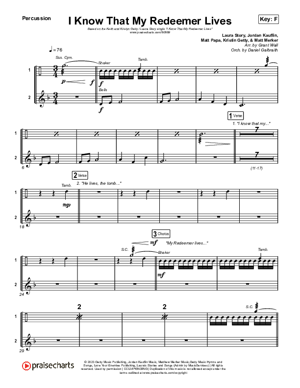 I Know That My Redeemer Lives Percussion (Keith & Kristyn Getty / Laura Story)