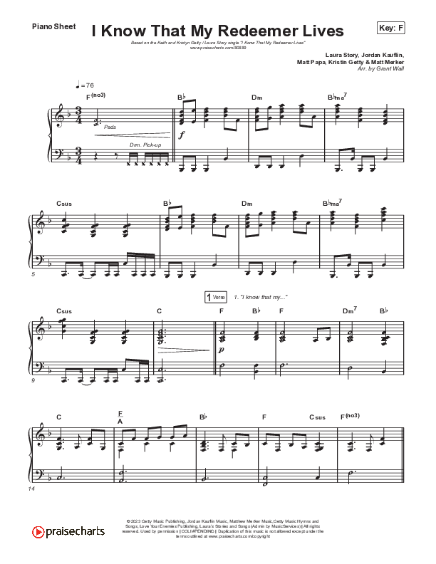 I Know That My Redeemer Lives Piano Sheet (Keith & Kristyn Getty / Laura Story)