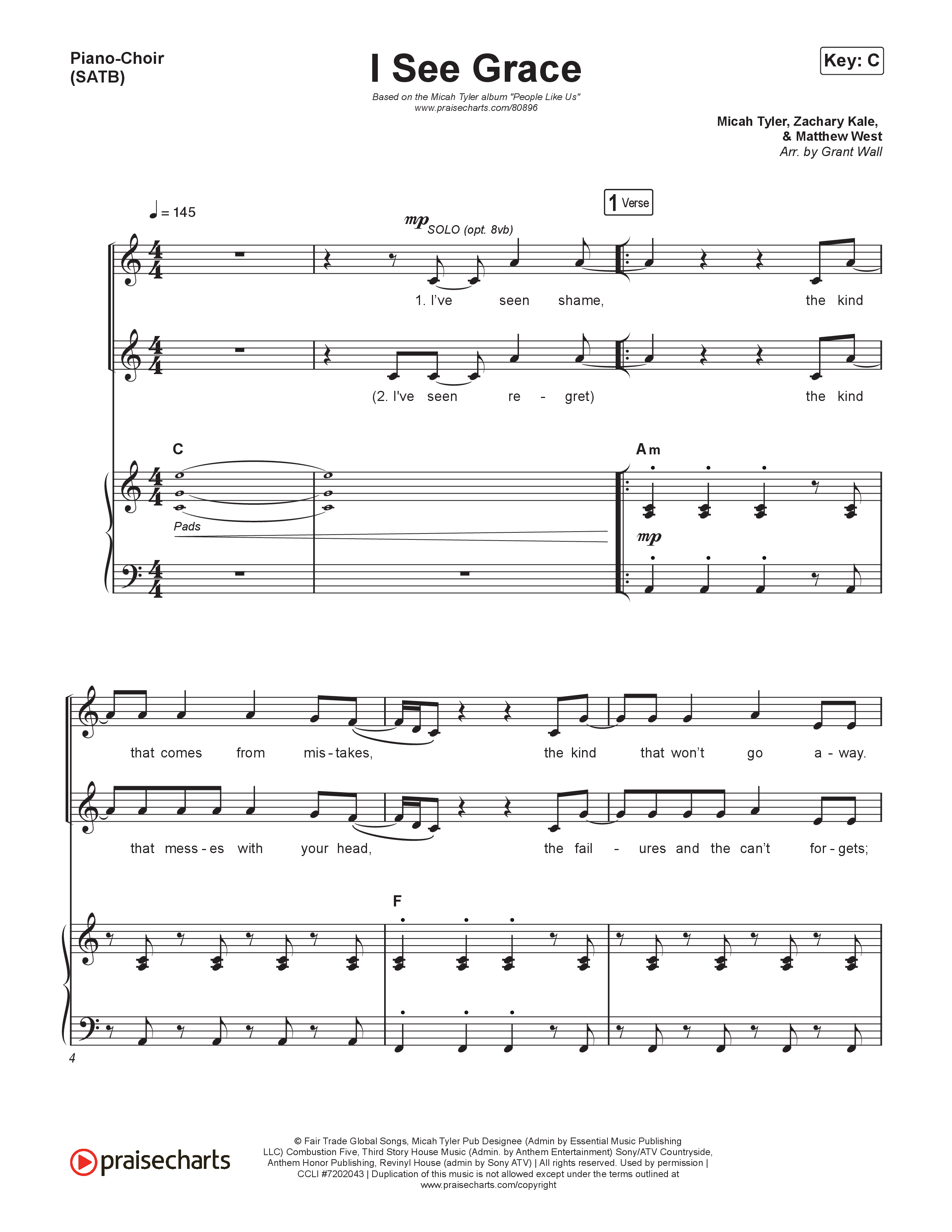 I See Grace Piano/Vocal (SATB) (Micah Tyler)