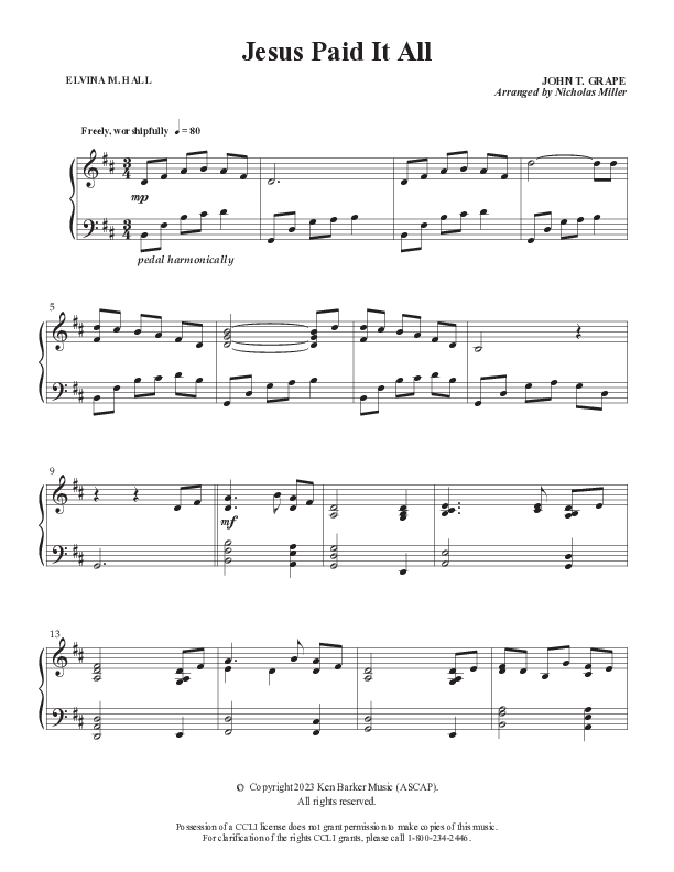 Jesus Paid It All Piano Sheet (Ken Barker)