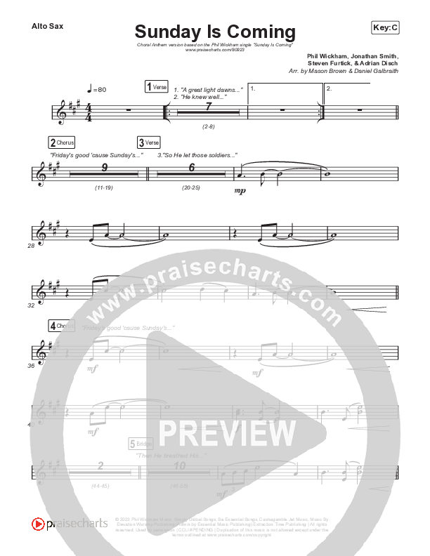 Sunday Is Coming (Choral Anthem SATB) Alto Sax (Phil Wickham / Arr. Mason Brown)