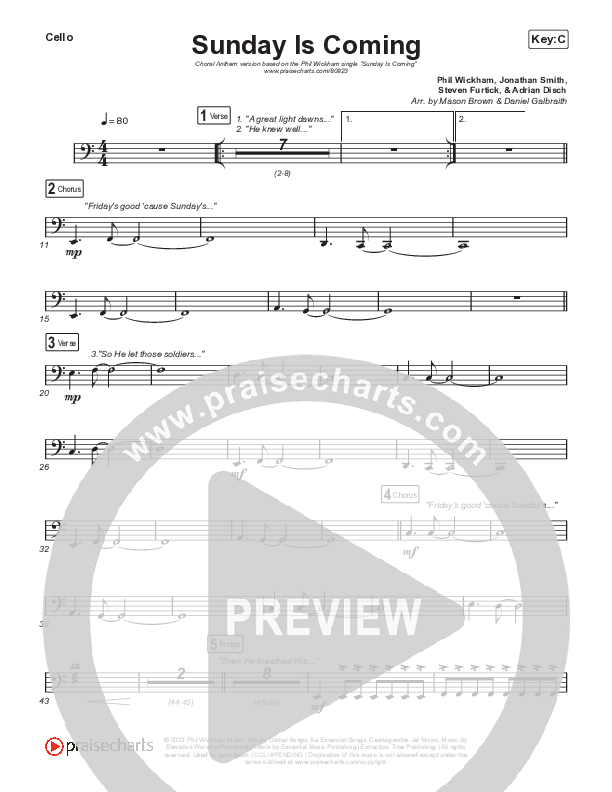 Sunday Is Coming (Choral Anthem SATB) Cello (Phil Wickham / Arr. Mason Brown)