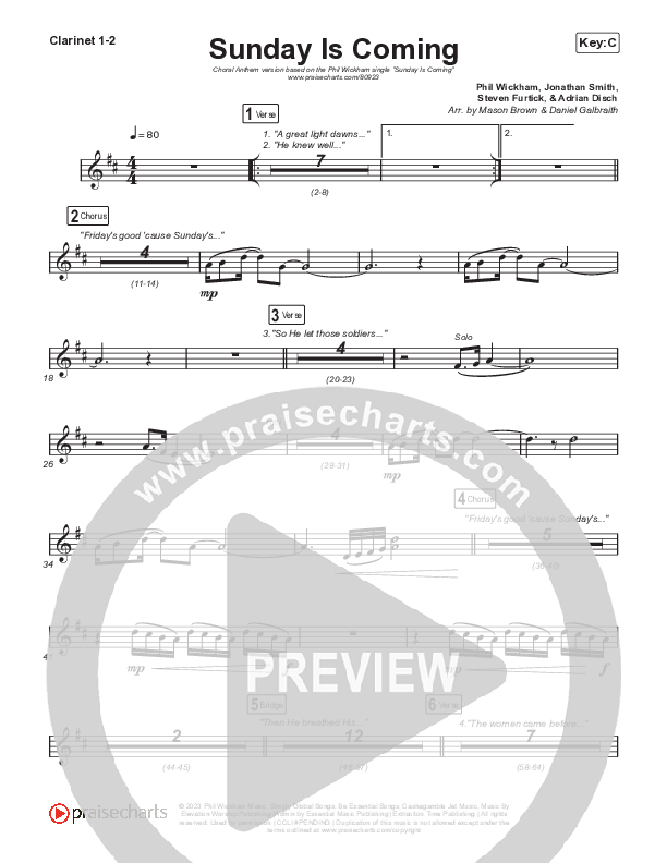 Sunday Is Coming (Choral Anthem SATB) Clarinet 1/2 (Phil Wickham / Arr. Mason Brown)