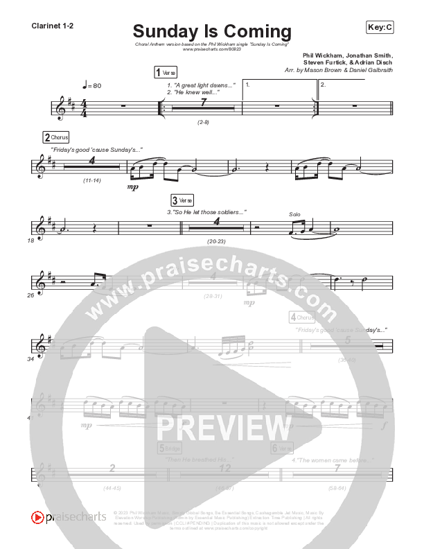 Sunday Is Coming (Choral Anthem SATB) Clarinet 1,2 (Phil Wickham / Arr. Mason Brown)