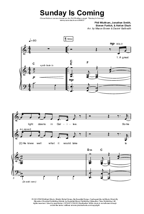 Sunday Is Coming (Choral Anthem SATB) Octavo (SATB & Pno) (Phil Wickham / Arr. Mason Brown)