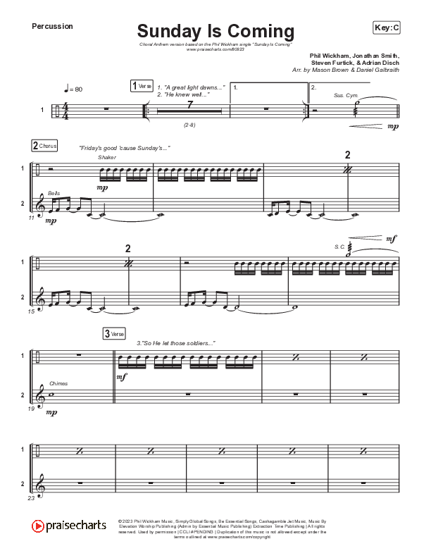 Sunday Is Coming (Choral Anthem SATB) Percussion (Phil Wickham / Arr. Mason Brown)