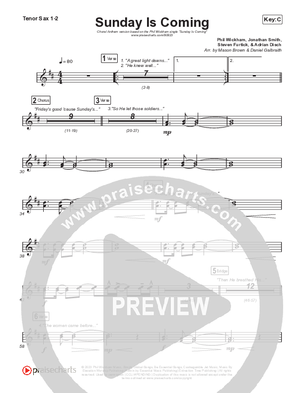 Sunday Is Coming (Choral Anthem SATB) Tenor Sax 1,2 (Phil Wickham / Arr. Mason Brown)