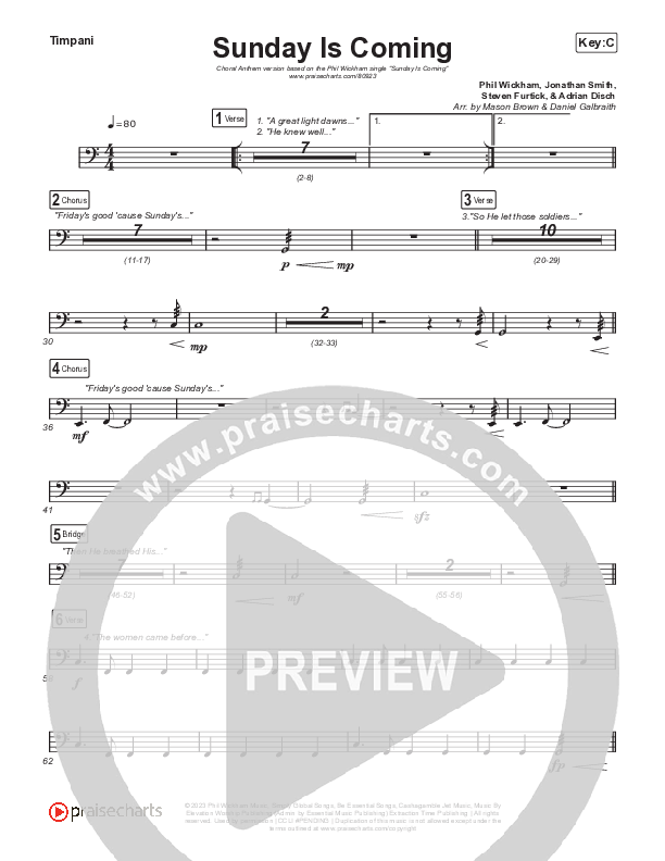 Sunday Is Coming (Choral Anthem SATB) Timpani (Phil Wickham / Arr. Mason Brown)