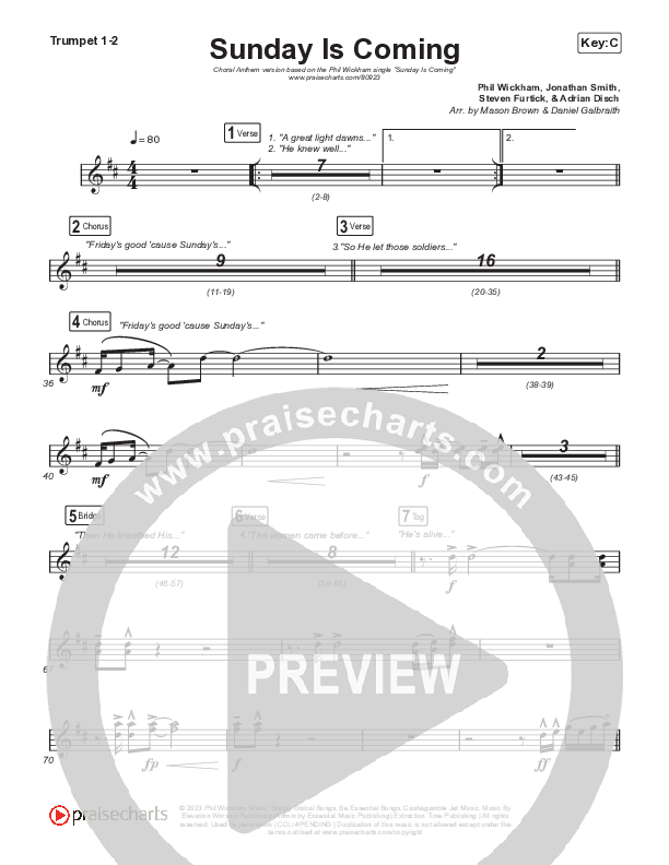 Sunday Is Coming (Choral Anthem SATB) Trumpet 1,2 (Phil Wickham / Arr. Mason Brown)