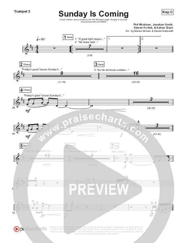 Sunday Is Coming (Choral Anthem SATB) Trumpet 3 (Phil Wickham / Arr. Mason Brown)