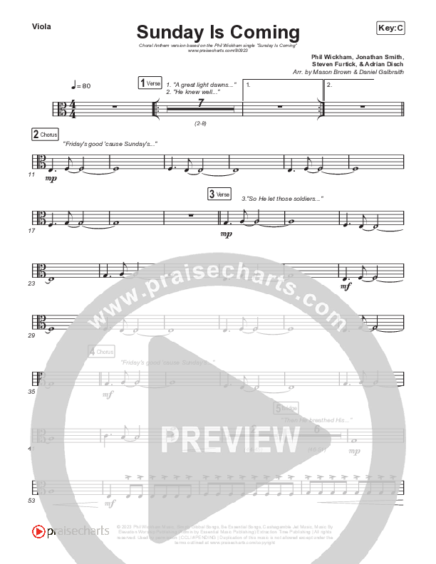 Sunday Is Coming (Choral Anthem SATB) Viola (Phil Wickham / Arr. Mason Brown)